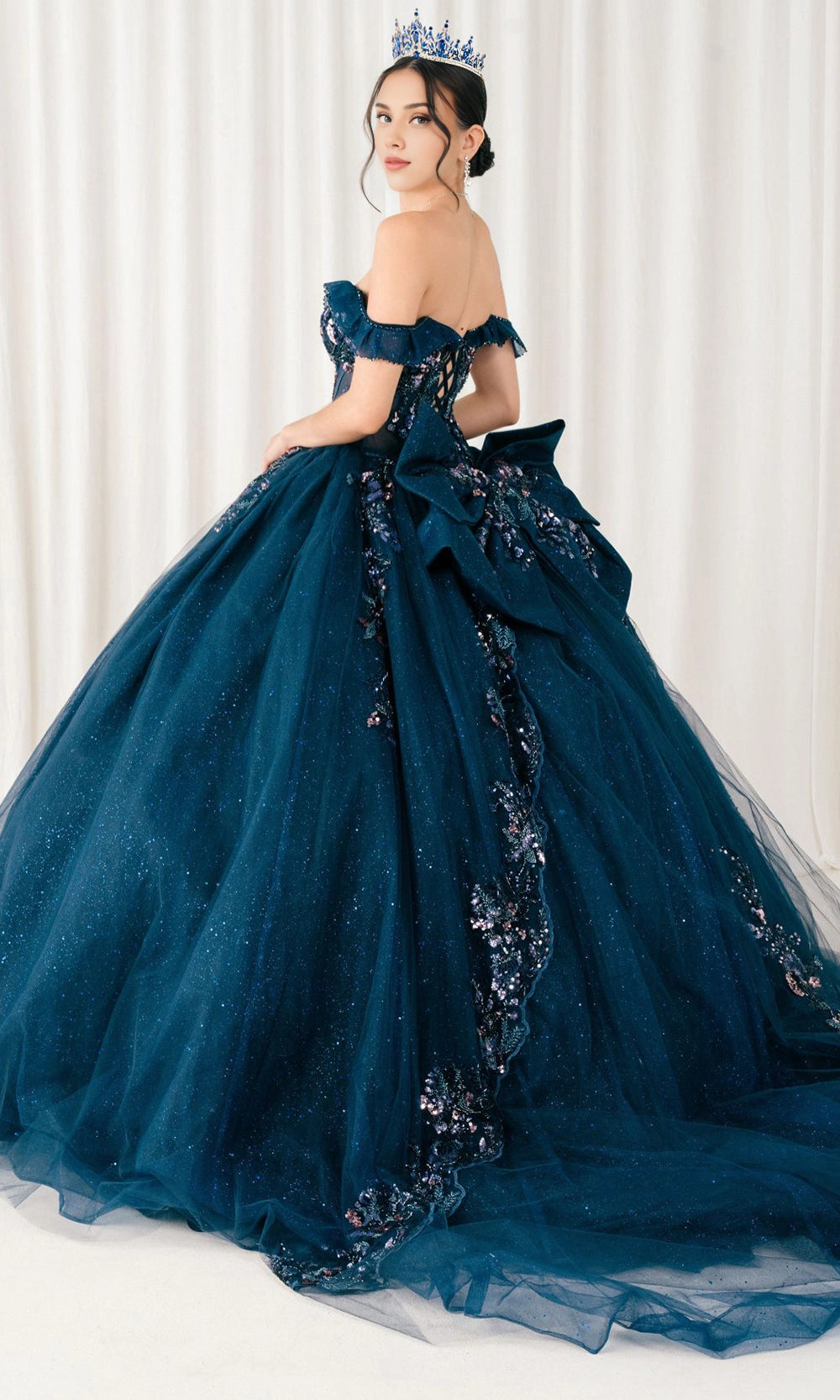 Vedress navy blue quinceanera dress corset lace‑up back large satin bow cathedral‑train glitter tulle ballgown back view