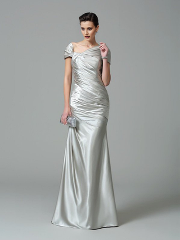 Asymmetric One-Shoulder Ruched Satin Mermaid Floor-Length Mother of the Bride Evening Gown