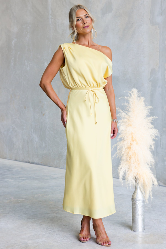 Women's Elegant One-Shoulder Satin Maxi Dress Coctail Bridesmaid Dresses with Side Draping and Waist Tie Detail