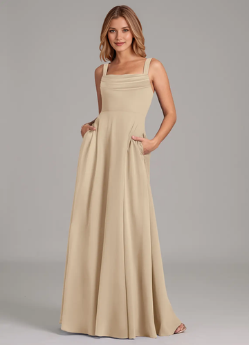 Square Neck Pleated Bodice Chiffon A-Line Floor-Length Bridesmaid Dress with Pockets