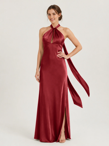 Halter Neck Keyhole Satin Mermaid Bridesmaid Dress with Back Bow & High Slit