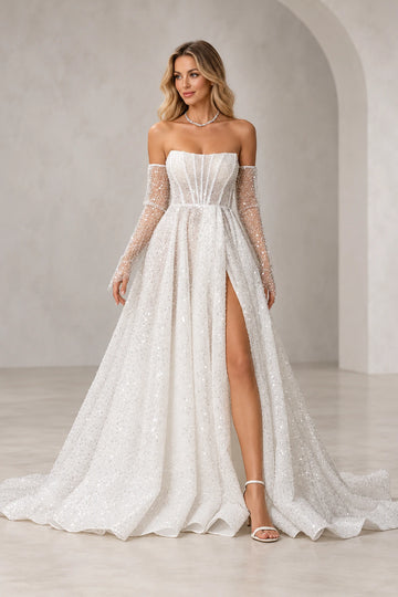 Vedress sparkling tulle A-line wedding dress with a straight neckline, sheer corset bodice, separate long sleevelets and a high leg slit.