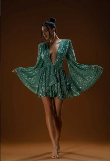 Shimmering Sequin Deep V Flare Sleeve Mini Dress - Party/Club/Event Wear