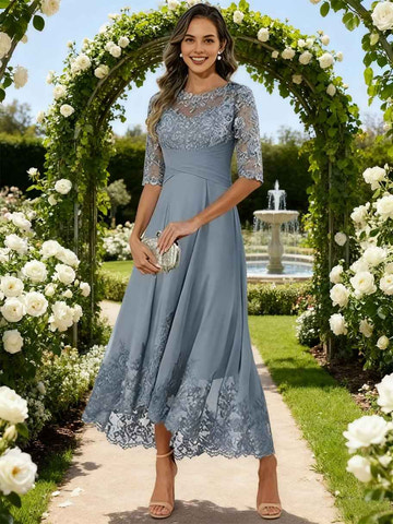 Lace Chiffon Mother of the Bride Dress - 3/4 Sleeve Tea Length Formal Wedding Guest Dress with Keyhole Back