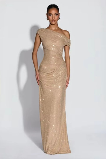 Off Shoulder Mermaid Maxi Dress Draped Ruched Sparkly Formal Evening Gown