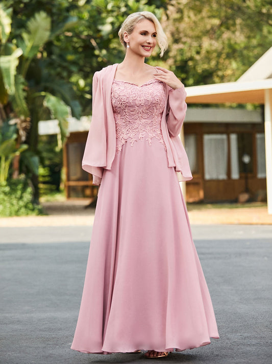 Elegant Dusty Pink Mother of the Bride Dress - Lace Bodice, Chiffon Jacket, Floor-Length A-Line Gown