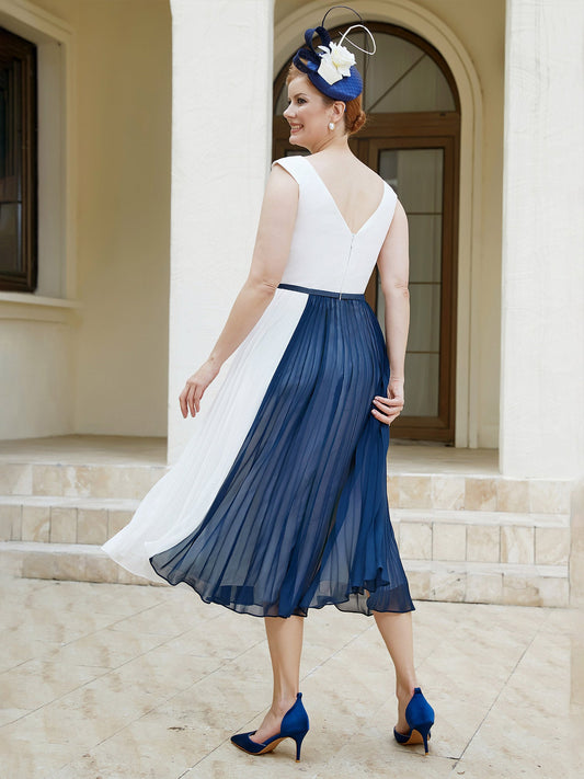 Elegant White & Navy Mother of the Bride Dress - Color Block, Pleated Chiffon Skirt, Midi Formal Gown