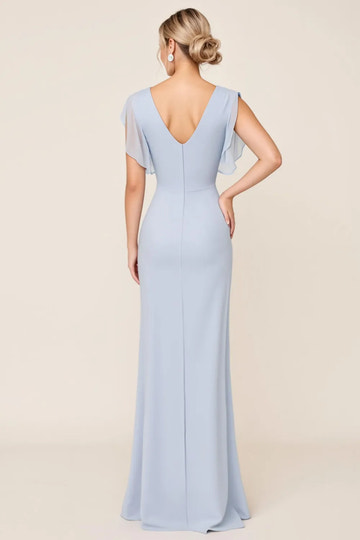 V-Neck Draped Sleeve Chiffon Bridesmaid Dress with Ruched Waist & Slit