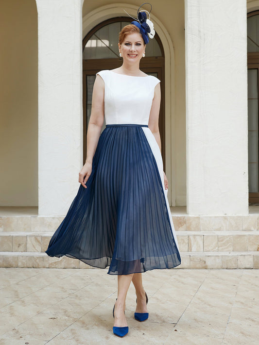Elegant White & Navy Mother of the Bride Dress - Color Block, Pleated Chiffon Skirt, Midi Formal Gown