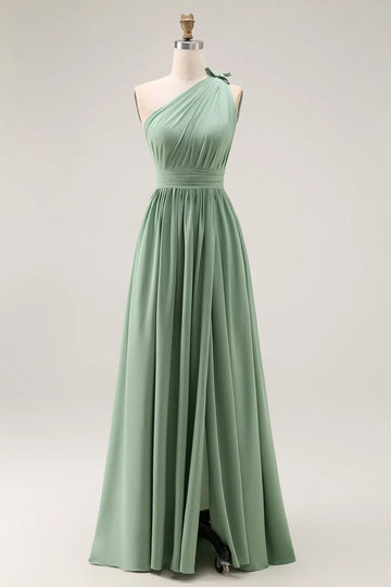 One-Shoulder Chiffon Bridesmaid Dress with High Slit and Ruched Waist