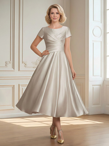 Elegant LvoryMother of the Bride Dress - Short Sleeve, Pleated Bodice, Satin A-Line Midi Gown