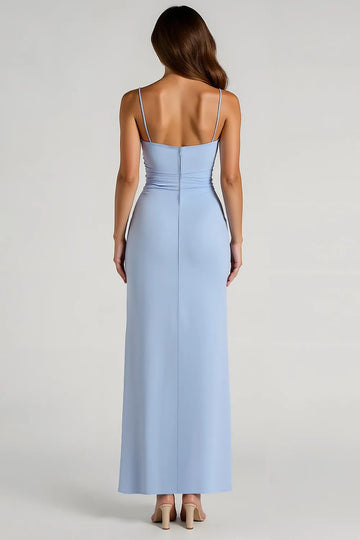 Light Blue Spaghetti Strap Ruched Maxi Dress with High Slit