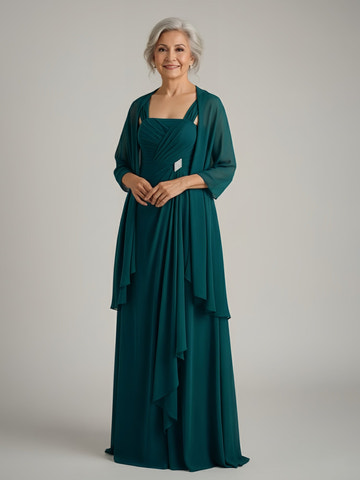 Elegant Emerald Green Mother of the Bride Dress - Two-Piece Set with Chiffon Jacket, Beaded Detail, Floor-Length Gown