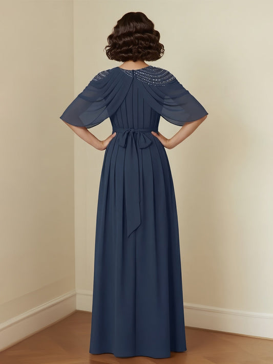 Elegant Dark Navy Mother of the Bride Dress - Beaded Shoulder Cape, Pleated Chiffon Floor-Length Gown