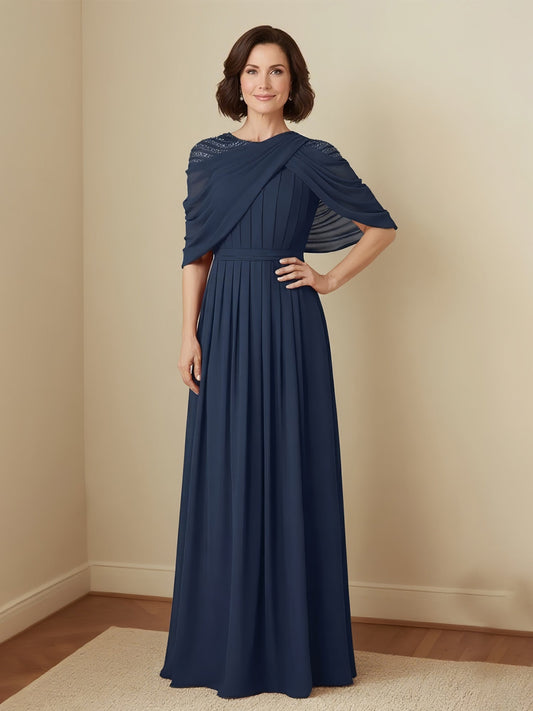 Elegant Dark Navy Mother of the Bride Dress - Beaded Shoulder Cape, Pleated Chiffon Floor-Length Gown