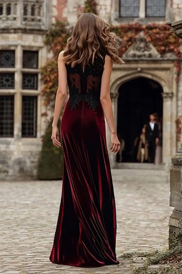 Burgundy Velvet Sleeveless Evening Gown with Black Lace Appliques & Front Slit