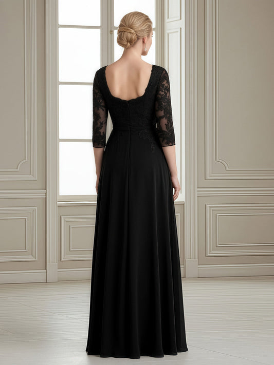 Elegant Black Mother of the Bride Dress - Lace Appqué 3/4 Sleeves, Square Neck, Chiffon Floor-Length Gown
