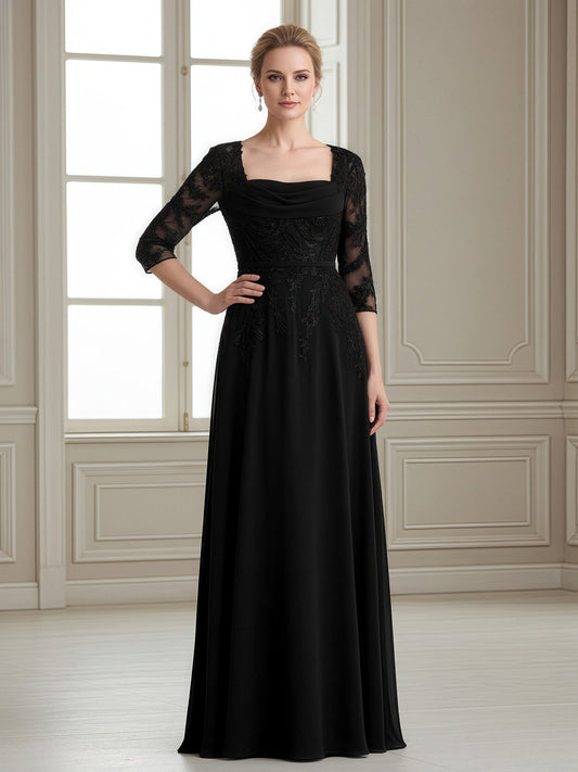 Elegant Black Mother of the Bride Dress - Lace Appqué 3/4 Sleeves, Square Neck, Chiffon Floor-Length Gown