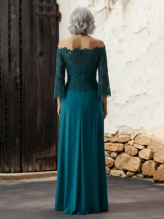 Elegant Peacock Mother of the Bride Dress - Off-the-Shoulder Lace 3/4 Sleeve, Side Split Chiffon Gown