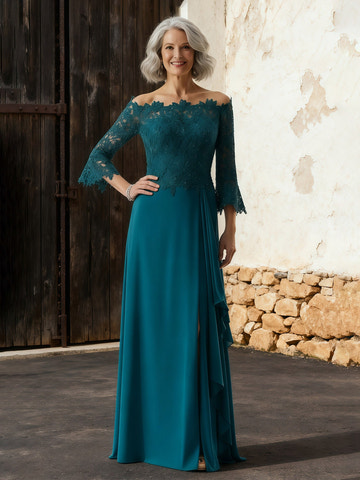 Elegant Peacock Mother of the Bride Dress - Off-the-Shoulder Lace 3/4 Sleeve, Side Split Chiffon Gown