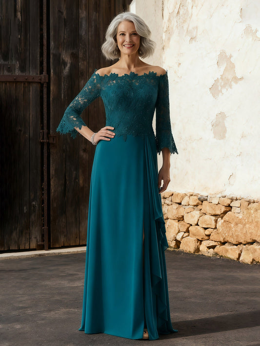 Elegant Peacock Mother of the Bride Dress - Off-the-Shoulder Lace 3/4 Sleeve, Side Split Chiffon Gown