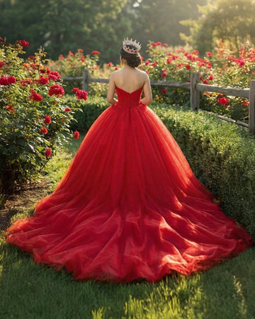 Vedress red strapless ball gown quinceanera dress lace up back view voluminous tulle skirt with long train