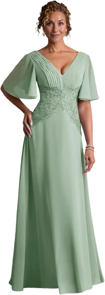 V-Neck Flutter Sleeve Lace Waist Chiffon A-Line Floor-Length Mother of the Bride Dress