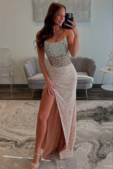 Vestido de Noche Formal de Corsé con Lentejuelas, Abalorios, Corte Sirena, sin Tirantes y Abertura Alta