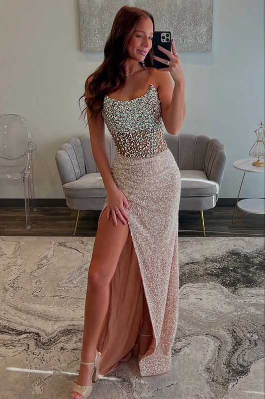 Strapless Beaded Sequin Mermaid Corset Prom Dress with High Slit Formal Evening Gown