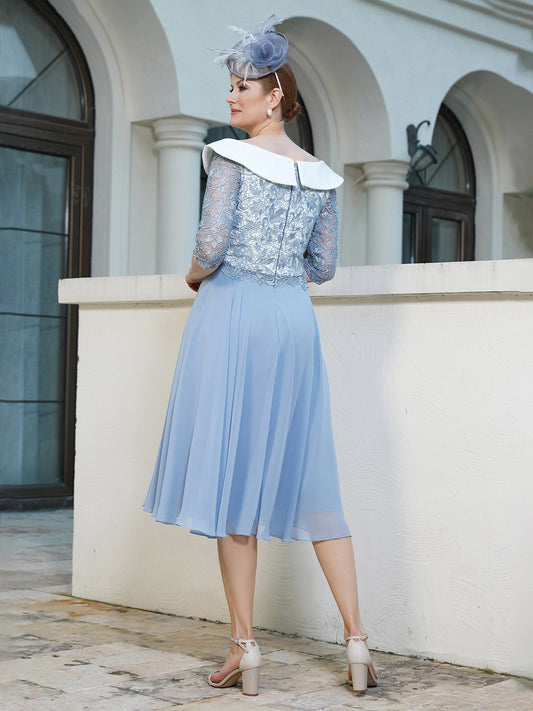 Elegant Light Blue Mother of the Bride Dress - Lace Top Contrast Collar, 3/4 Sleeve Chiffon Midi Gown