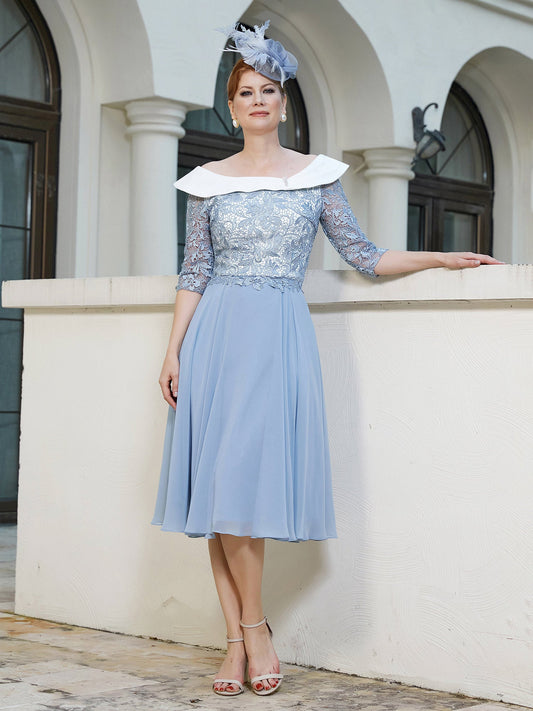 Elegant Light Blue Mother of the Bride Dress - Lace Top Contrast Collar, 3/4 Sleeve Chiffon Midi Gown