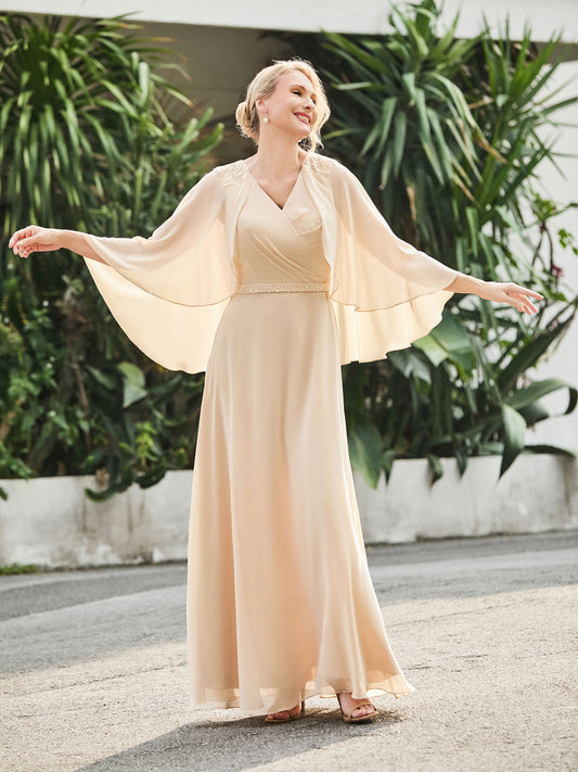 Elegant Champagne Mother of the Bride Dress - Cape Sleeve, Beaded Waist, Chiffon Floor-Length Gown