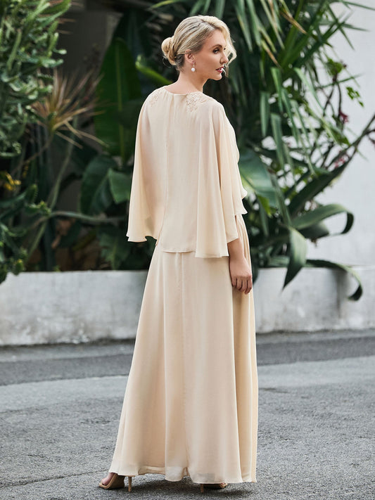 Elegant Champagne Mother of the Bride Dress - Cape Sleeve, Beaded Waist, Chiffon Floor-Length Gown