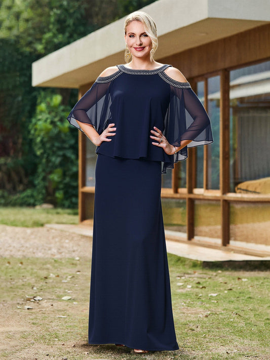 Elegant Dark Navy Mother of the Bride Dress - Cold Shoulder Beaded Collar, Chiffon Sleeve, Floor-Length Sheath Gown
