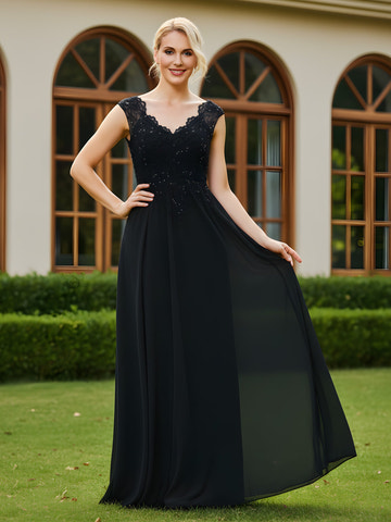 Elegant Black Lace V-Neck Chiffon Maxi Evening Dress with Beaded Bodice