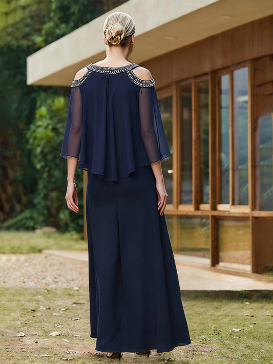 Elegant Dark Navy Mother of the Bride Dress - Cold Shoulder Beaded Collar, Chiffon Sleeve, Floor-Length Sheath Gown