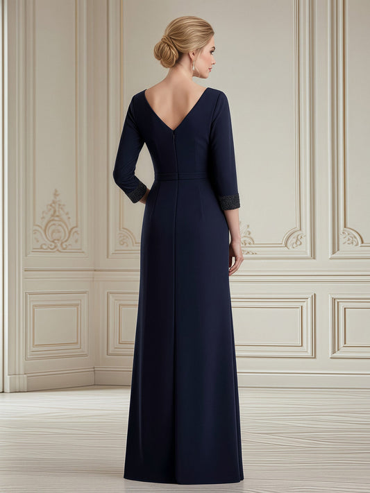 Elegant Navy Blue Mother of the Bride Dress - 3/4 Sleeve, Beaded Cuffs, Ruched Waist Floor-Length Gown