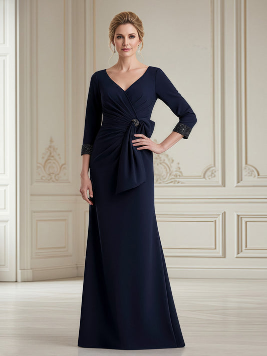 Elegant Navy Blue Mother of the Bride Dress - 3/4 Sleeve, Beaded Cuffs, Ruched Waist Floor-Length Gown