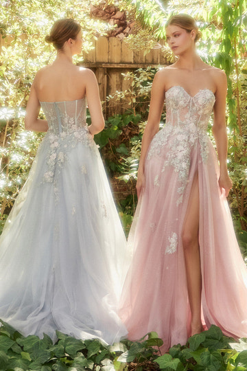 Vestido de noche corsé palabra de honor para mujer con adorno floral 3D, tul con purpurina y abertura alta, vestido formal de fiesta de graduación para invitadas de boda y gala