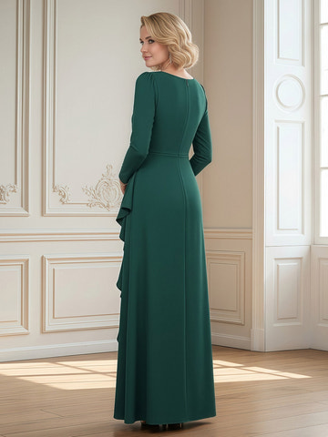 Elegant Emerald Green Mother of the Bride Dress - Long Sleeve, Ruffle Side Slit, Floor-Length Formal Gown