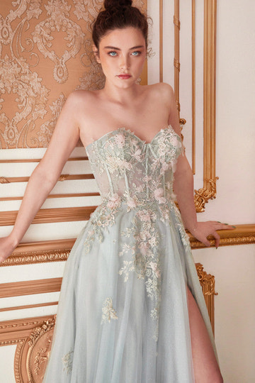 Women's Strapless Corset Evening Gown 3D Floral Embellished with Glitter Tulle and High Slit Formal Prom Dress for Wedding Guest & Gala
