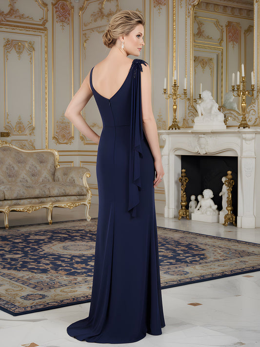 Elegant Navy Blue One-Shoulder Mother of the Bride Dress - Beaded Applique, Side Split, Floor-Length Chiffon Gown