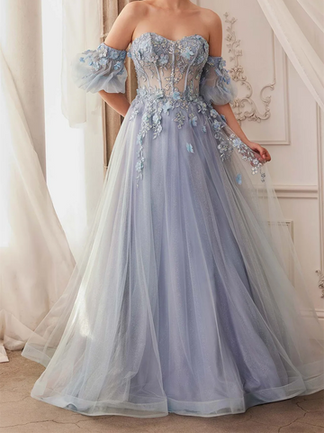 Vestido de gala maxi con apliques de encaje en línea A, escote de corazón, hombros descubiertos y espalda descubierta