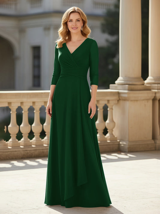 Elegant Emerald Green Mother of the Bride Dress - 3/4 Sleeve, V-Neck, Ruched Waist Floor-Length Gown