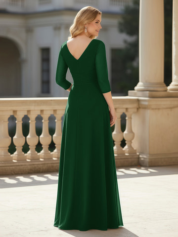 Elegant Emerald Green Mother of the Bride Dress - 3/4 Sleeve, V-Neck, Ruched Waist Floor-Length Gown