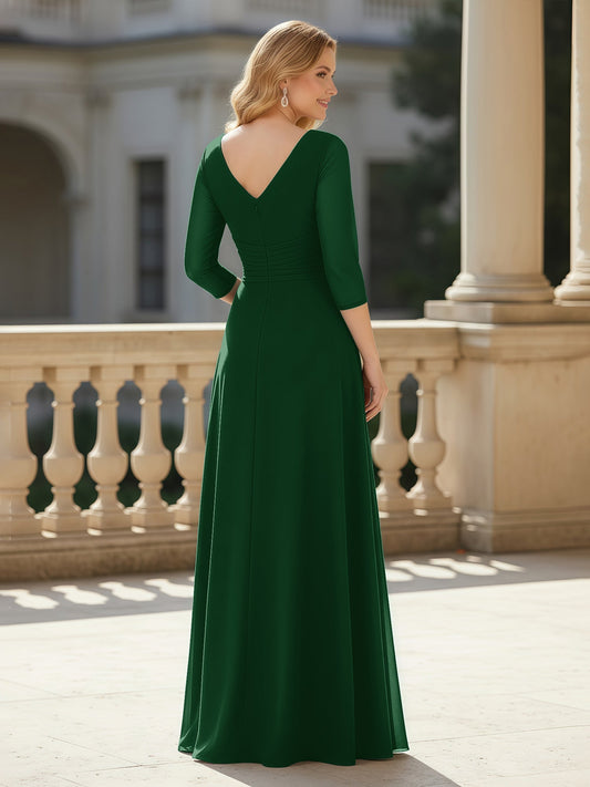 Elegant Emerald Green Mother of the Bride Dress - 3/4 Sleeve, V-Neck, Ruched Waist Floor-Length Gown