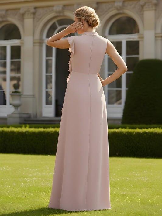 Elegant Dusty Pink Mother of the Bride Dress - Ruffle Side, High Neck Floor-Length Chiffon Gown