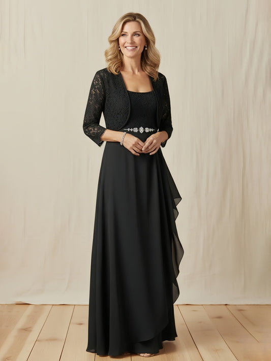 Elegant Black Mother of the Bride Dress - Two-Piece Set with Lace Jacket, Beaded Waist, Chiffon Floor-Length Gown