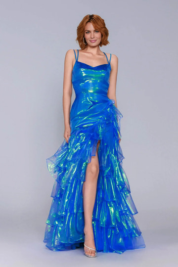 spaghetti strap prom gown with iridescent organza, tiered ruffle skirt, and front slit