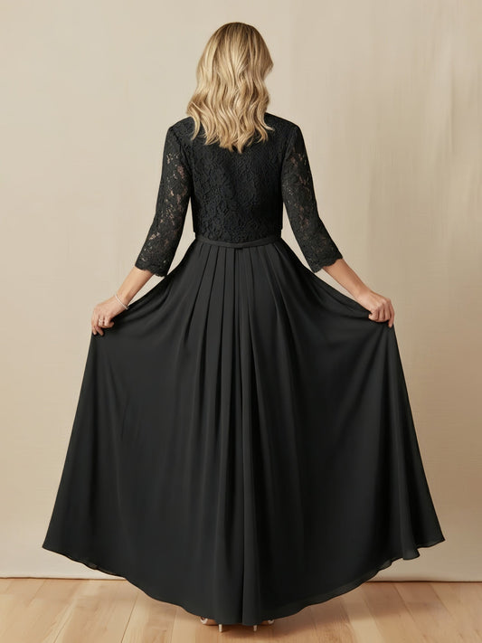Elegant Black Mother of the Bride Dress - Two-Piece Set with Lace Jacket, Beaded Waist, Chiffon Floor-Length Gown